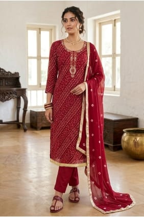 Red Printed Salwar Kameez in Cotton SK159143