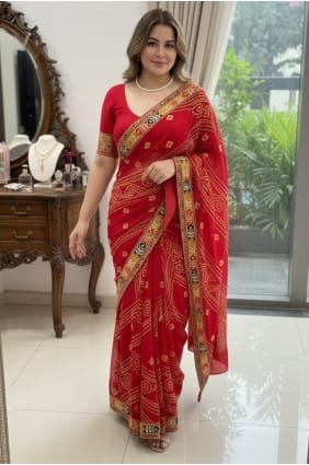 Georgette Digital print Red Saree with Blouse SR29269