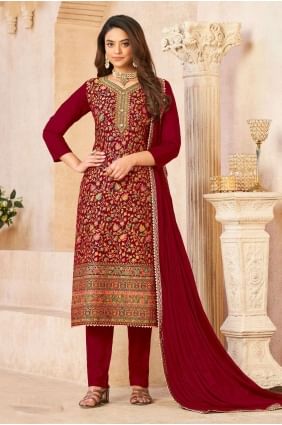 Red Jacquard Embroidered Salwar Kameez with Dupatta SK153219