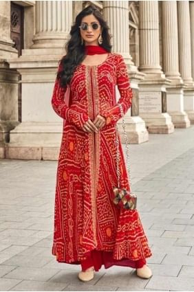 Red Georgette Embroidered Palazzo Suit with Dupatta PZ4128