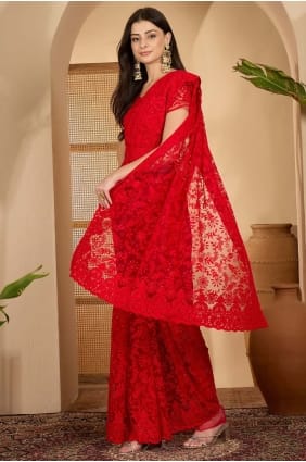 Red Saree in Net with Embroidered SR29263