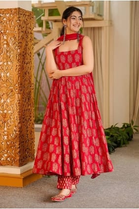 Red Muslin Printed Anarkali Suit with Dupatta AS4344