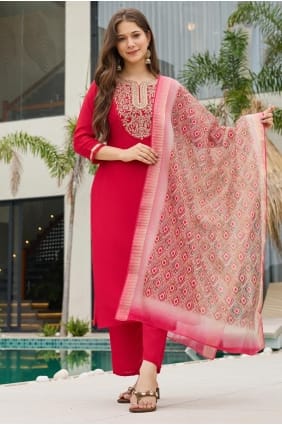 Rayon Salwar Kameez in Red with Embroidered SK155849
