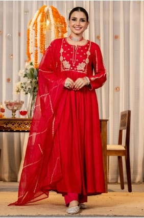 Chanderi silk Embroidered Red Eid Salwar Kameez with Dupatta SK156020