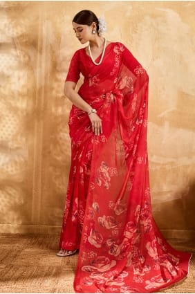 Red Saree in Printed Georgette SR29960