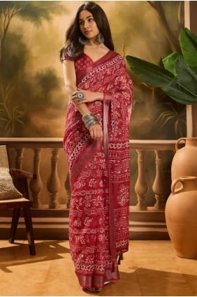 Red Saree in Printed Linen SR29319