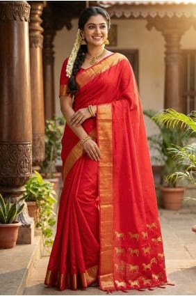 Red Zari Embroidered Silk Saree SR29881