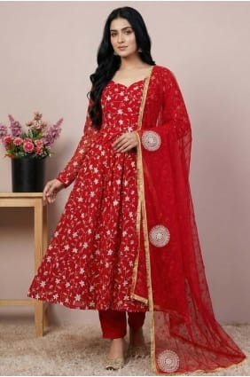 Georgette Sequins Red Anarkali Kurti with Dupatta AS4207