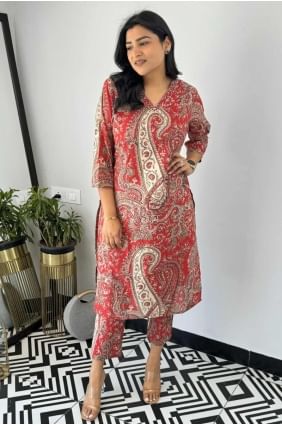Red Straight Suit in Viscose with Digital print SK155301