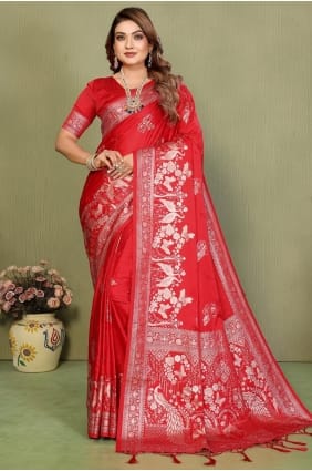 Red Satin and silk Saree with Zari SR29582