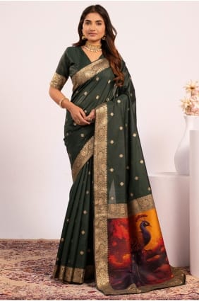 Green Saree in Banarasi silk with Resham,zari SR29777
