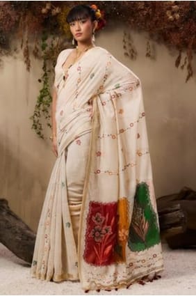 Cotton Resham,zari Cream Saree with Blouse SR29608