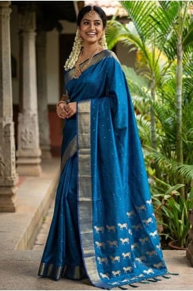 Royal Blue Silk Saree with Zari Print SR29875