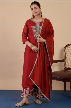 Silk Salwar Kameez with Embroidered in Rust SK15760