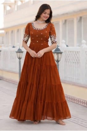 Rust Gown Dress in Sequins Faux georgette GW1246