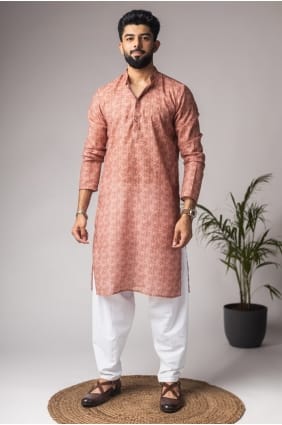 Rust Men Kurta with Digital print Linen KURR575