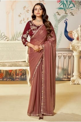 Embroidered Organza Saree in Rust SR29116