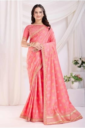 Salmon pink Saree in Silk with Printed SR28188