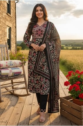Black Silk Embroidered Eid Salwar Kameez with Dupatta SK155960