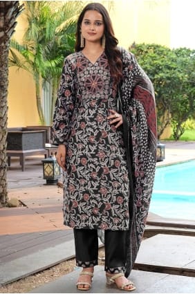 Black Silk Embroidered Eid Salwar Kameez with Dupatta SK155963
