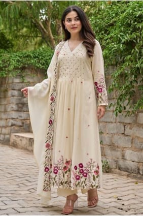 Chanderi silk Eid Salwar Kameez in Cream with Embroidered SK156021