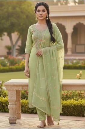 Embroidered Chanderi Salwar Kameez in Green SK15690