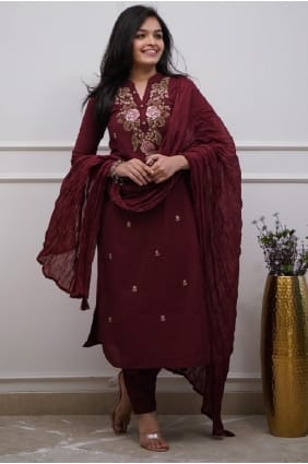 Maroon Silk Embroidered Eid Salwar Kameez with Dupatta SK156002
