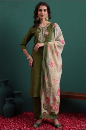Embroidered Viscose Olive Salwar Kameez with Dupatta SK15738