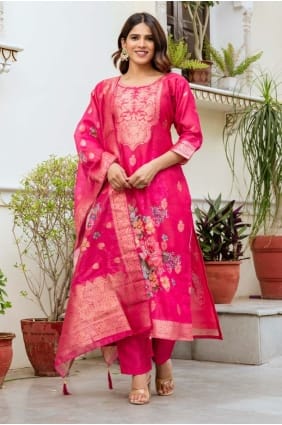 Weaving Chanderi Salwar Kameez in Pink with Dupatta SK155883