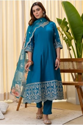 Embroidered Silk Salwar Kameez in Rama with Dupatta SK156060
