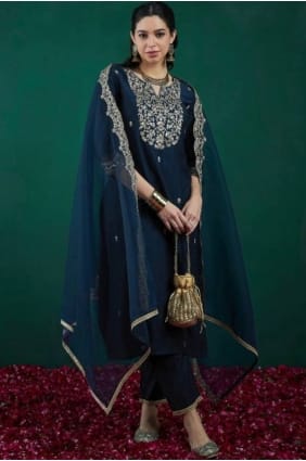 Embroidered Chanderi silk Teal Eid Salwar Kameez with Dupatta SK155913