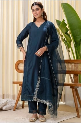 Embroidered Silk Teal Salwar Kameez with Dupatta SK156087