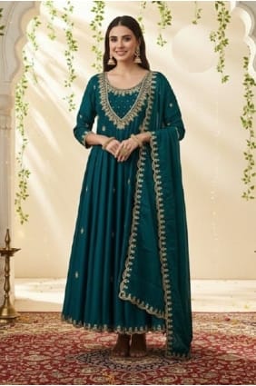 Teal Salwar Kameez in Sequins Silk AS4272