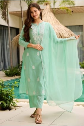 Tourquoise Salwar Kameez with Embroidered Cotton SK155874