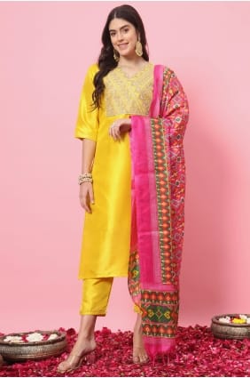 Embroidered Silk Salwar Kameez in Yellow SK15814