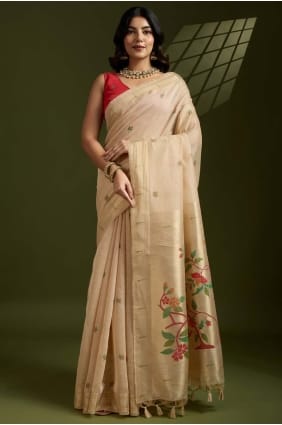 Beige Saree with Weaving Cotton SR29114