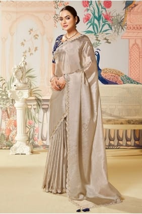 Beige Embroidered Saree in Tussar silk SR29115