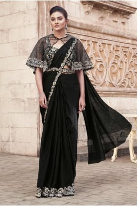 Saree in Black Satin with Sequins SR28318