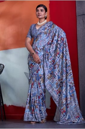 Crepe Saree in Blue with Printed SR30037