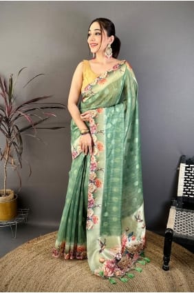 Cotton Saree in Green with Printed SR30061