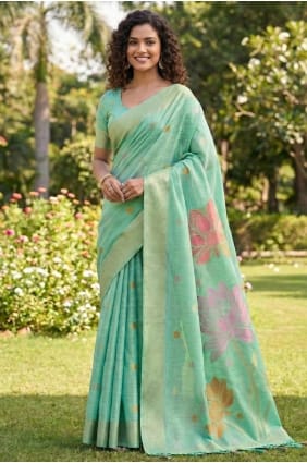 Linen Saree in Green with Weaving SR29820