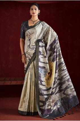 Grey Digital print Saree in Silk SR29496