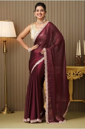 Saree in Maroon Chiffon with Plain SR28581