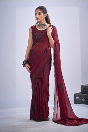 Satin Saree in Maroon with Stone,sequins SR30017