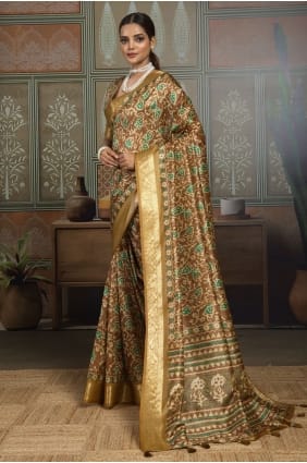 Printed Saree in Mustard Silk SR30020