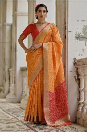 Raw silk Resham Work Orange Saree with Blouse SR29246