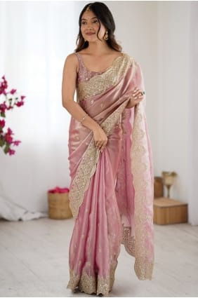Embroidered Chiffon Saree in Pink SR29434