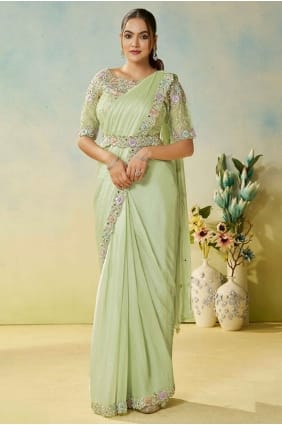 Pista Satin Saree with Hand SR29167