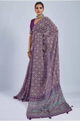 Chiffon Saree in Purple with Printed SR29981