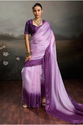 Embroidered Satin Purple Saree with Blouse SR30032